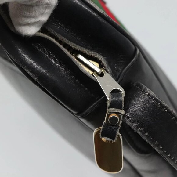 GUCCI Web Sherry Line Shoulder Bag Leather Black Red Green - Picture 10 of 16